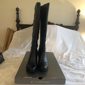 New in Box La Canadienne Dawson Black Leather Tall Boots Women’s Size 8 M